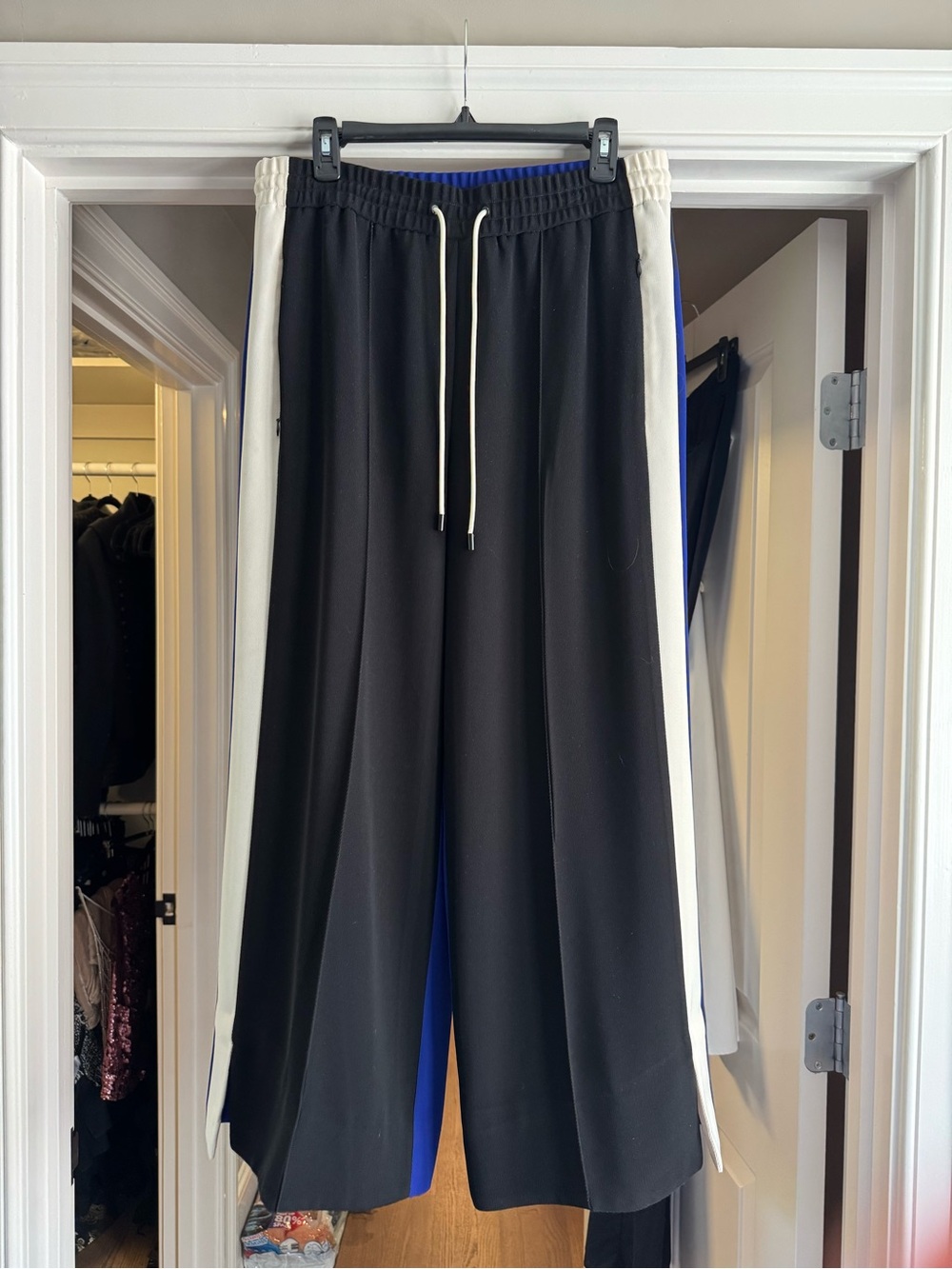 Women's Black and Blue Track Pants with White Side Stripes